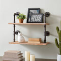 Industrial Pipe Wall Shelf, Brown, Wood, 24 x 9.5 x 20 in L1873
