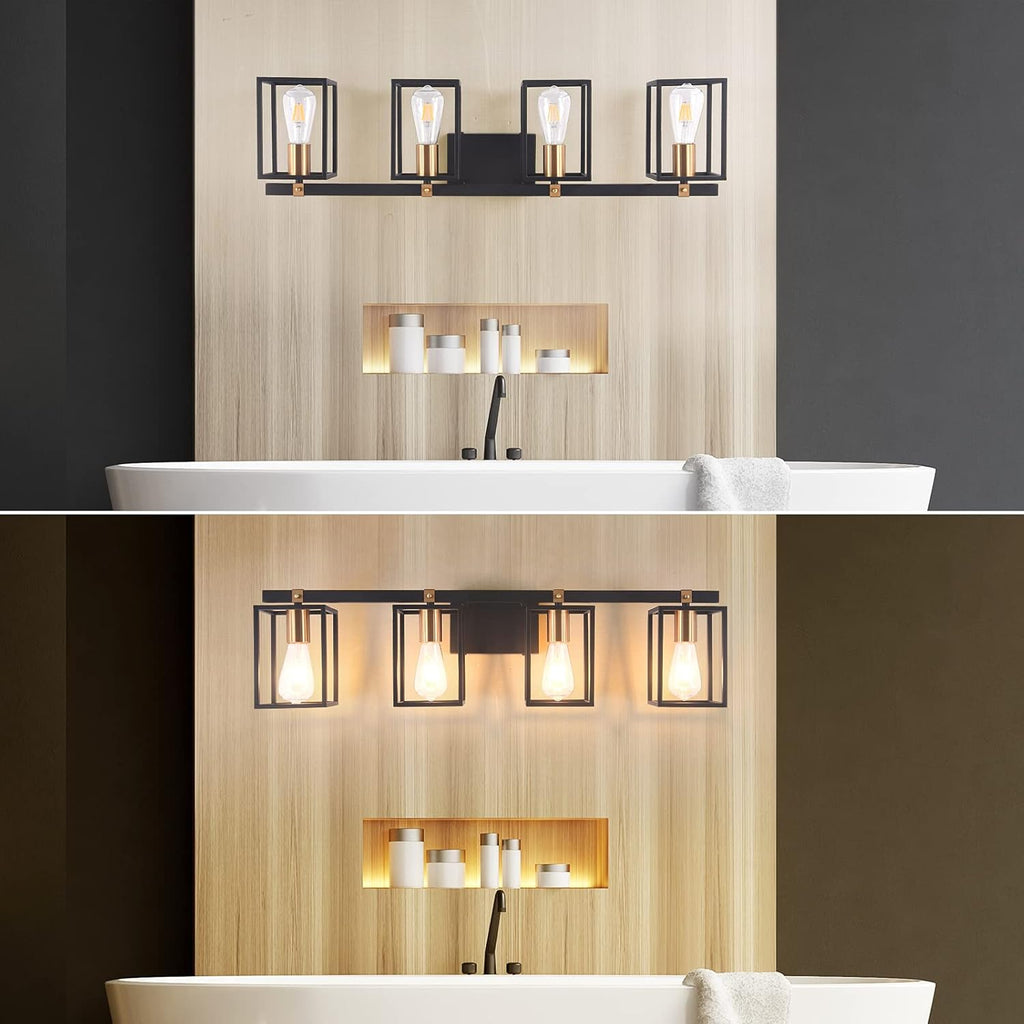 Black and Antique Brass Metal Cage Bathroom Vanity Light V776877