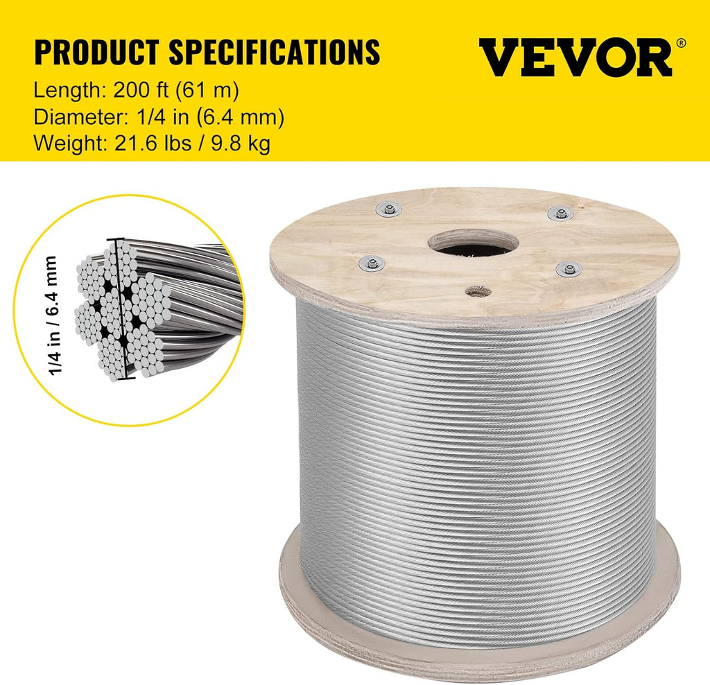 304 Stainless Steel Cable 1/4 Inch 7 X 19 Wire Rope 200Feet H379886