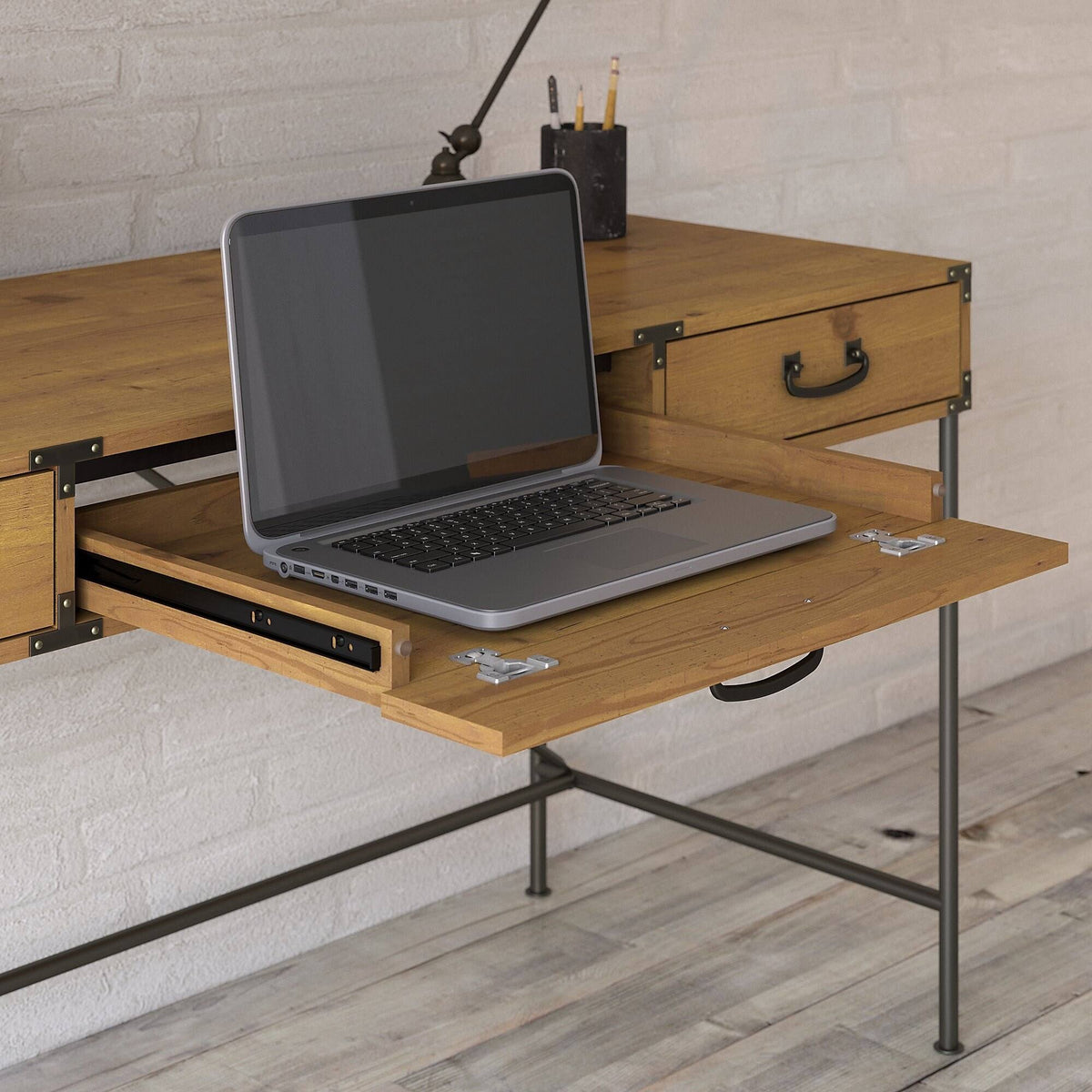 48W Writing Desk with Drawers and 5 Shelf Etagere Bookcase, Restored Gray W608