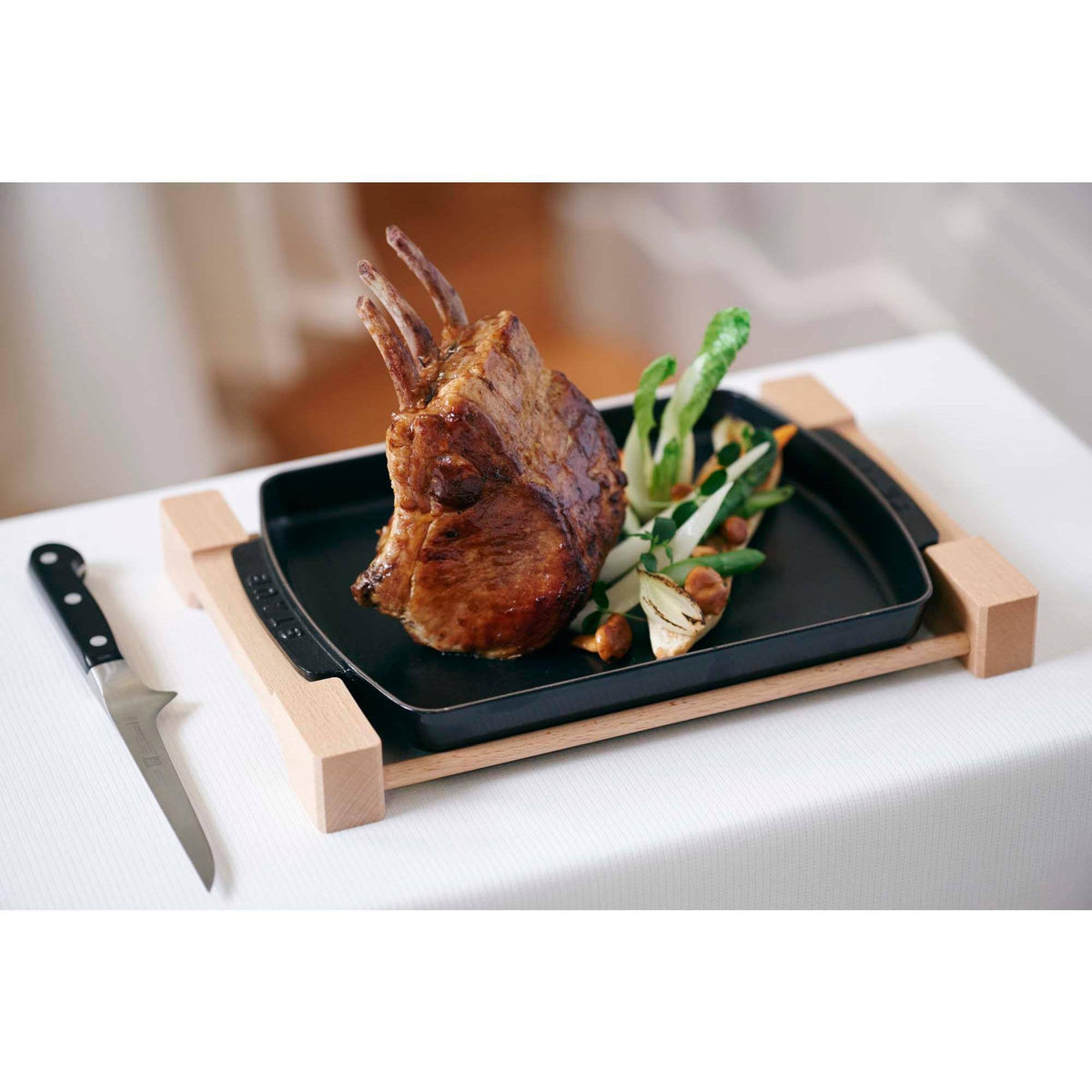 Matte Black Cast Iron Rectangular Serving Dish with Wood Base L318