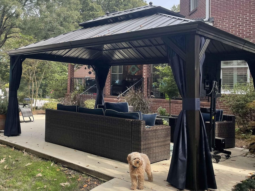 12' X 16' Permanent Hardtop Gazebo with Netting and Curtains Metal Roof Outdoor Pavilion with 24 LED Hanging String Lights U735
