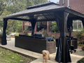 12' X 16' Permanent Hardtop Gazebo with Netting and Curtains Metal Roof Outdoor Pavilion with 24 LED Hanging String Lights U735