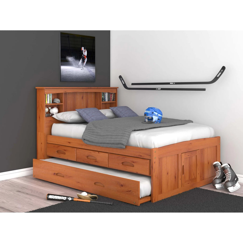 Solid Pine Full Captains Bookcase Bed with 3 Drawers and Twin Sized Trundle in Warm Honey H9637