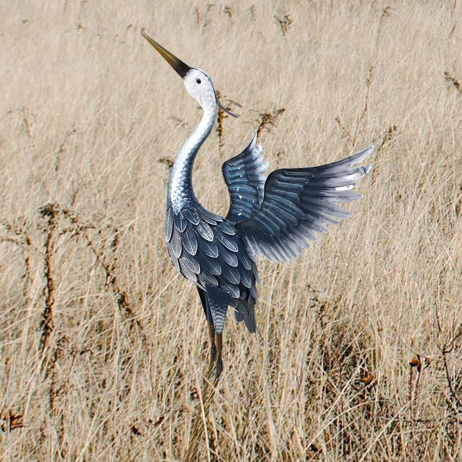 33 Inch Blue Metal Crane Statue Y1094