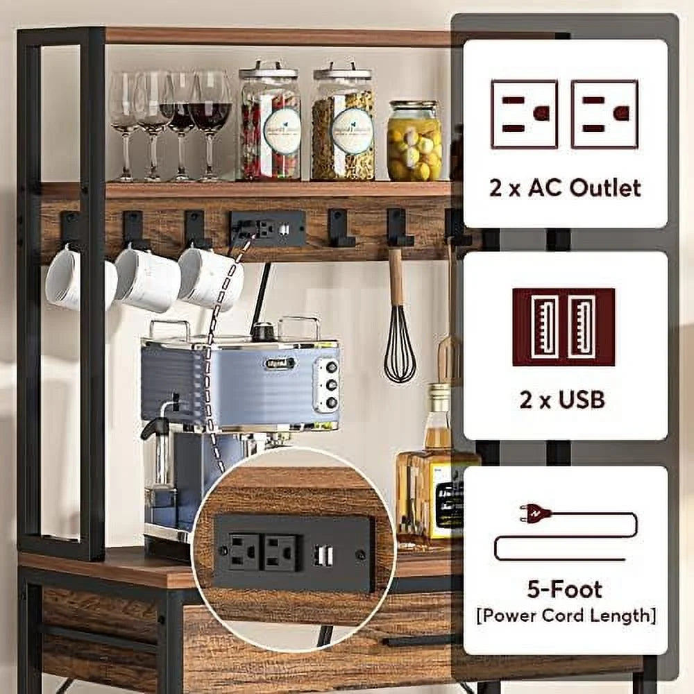 Rustic Brown 5-Tier Kitchen Bakers Rack with Power Outlets E87119