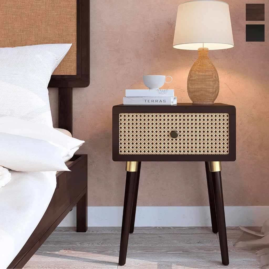 Rattan Solid Wood Nightstand with Storage Drawer G282440
