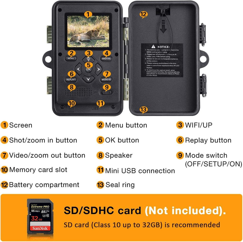 24MP 1296P WIFI Trail Camera with 120° Wide-Angle Night Vision Infrared Motion Sensor IP66 Waterproof O137