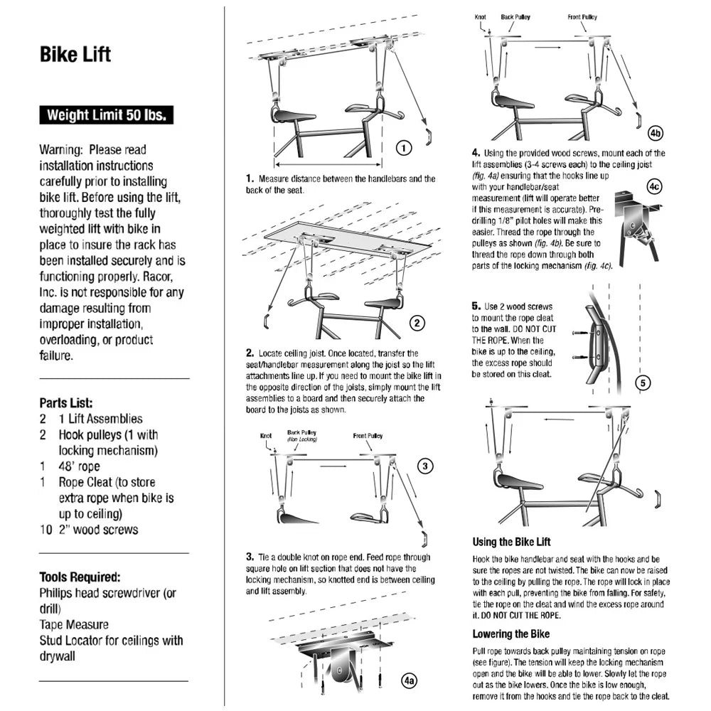 Bike Lift Pulley System Overhead Bike Rack with 60kg Bearing Y5622