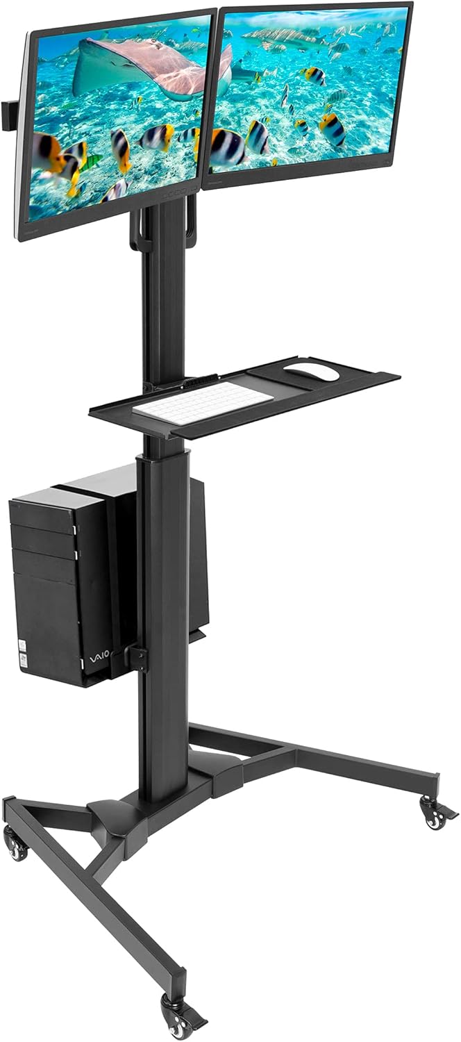 Adjustable Mobile Dual Monitor PC Workstation Cart with Keyboard Tray G9874