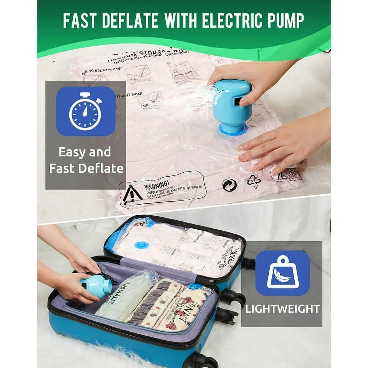 10 Pack Vacuum Storage Bags Small with Electric Air Pump Reusable Compression 24"x16" R122161