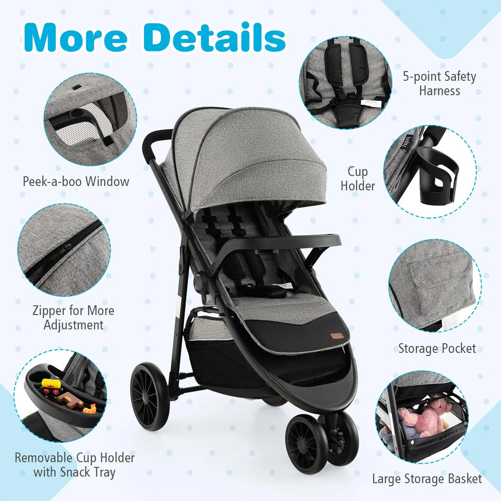 Baby Jogging Stroller Travel System with Adjustable Canopy Grey E622