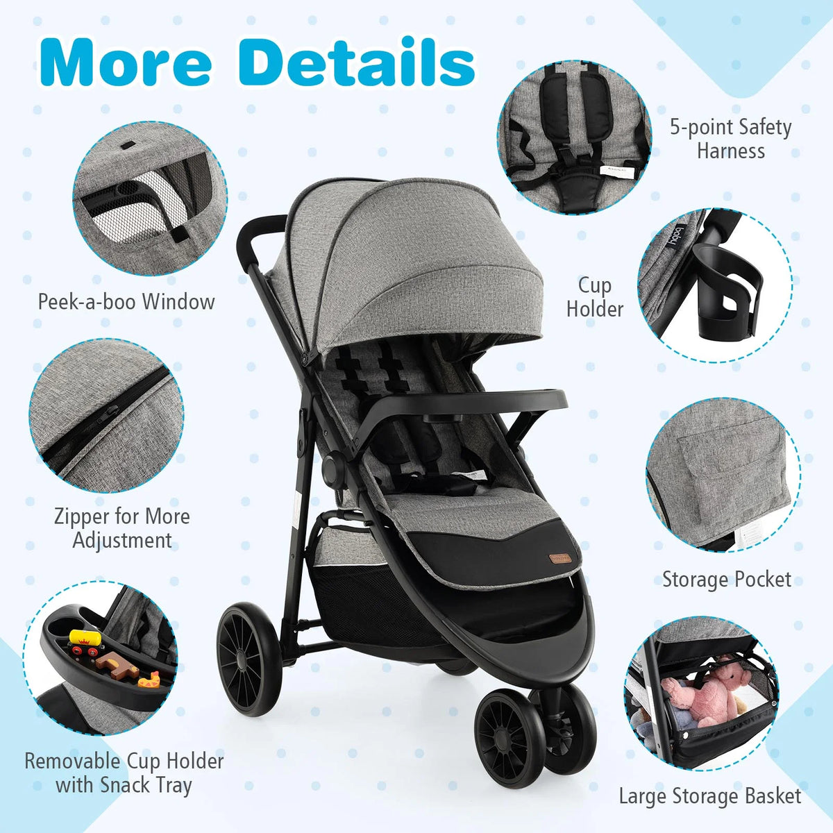 Baby Jogging Stroller Travel System with Adjustable Canopy Grey E622