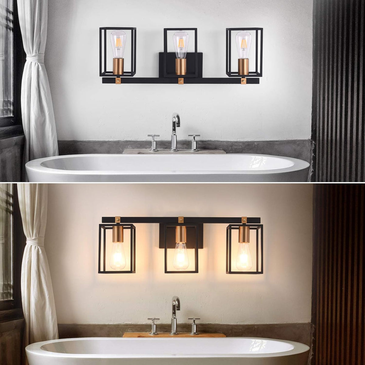 Black and Antique Brass Metal Cage Bathroom Vanity Light V776877