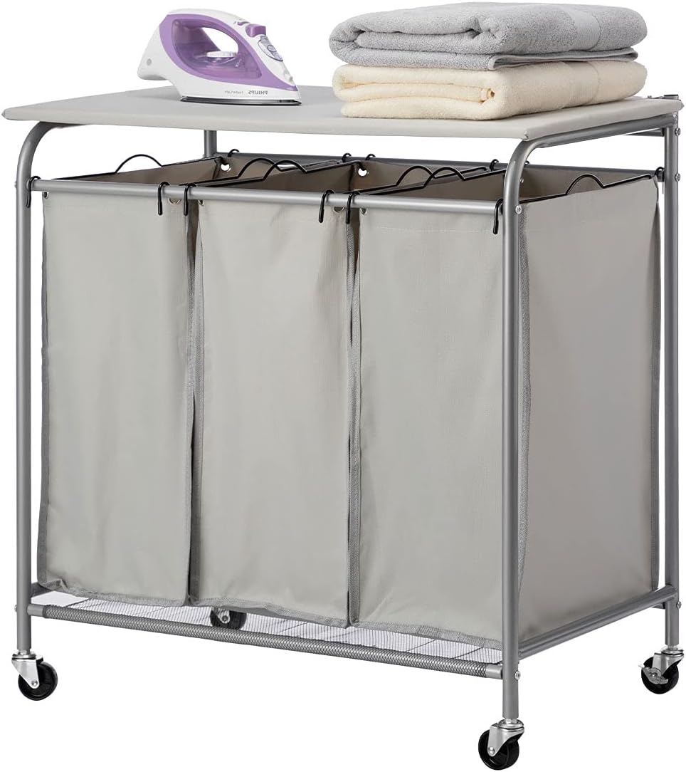 3-Bag Laundry Sorter Cart with Ironing Board Black V840