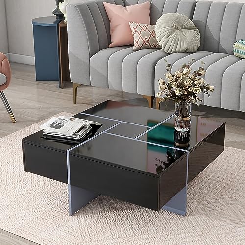 Black Square Coffee Table with 4 Hidden Storage Compartments and Extendable Sliding Tabletop F771