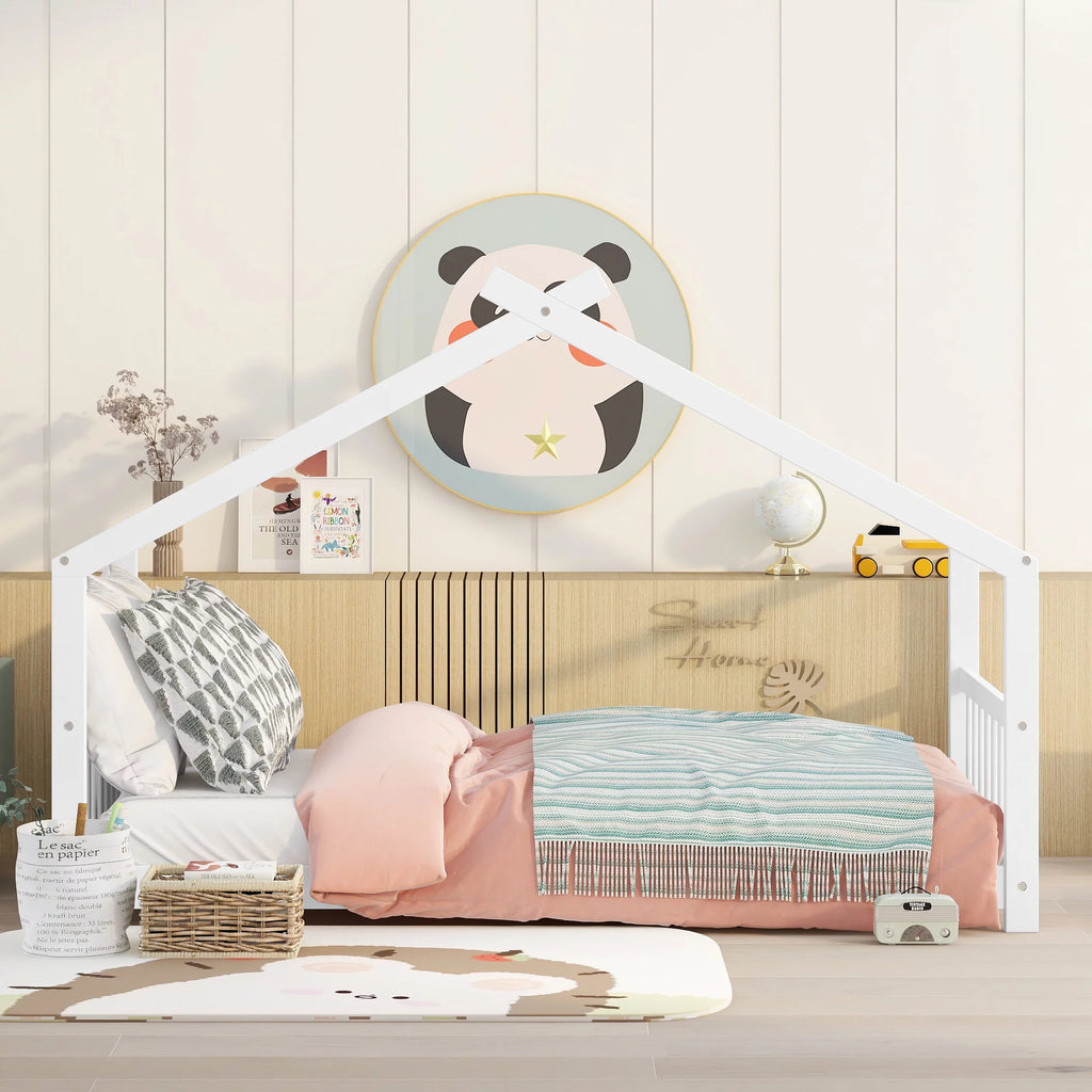White Twin Size Wood House Bed with Headboard and Footboard D274631
