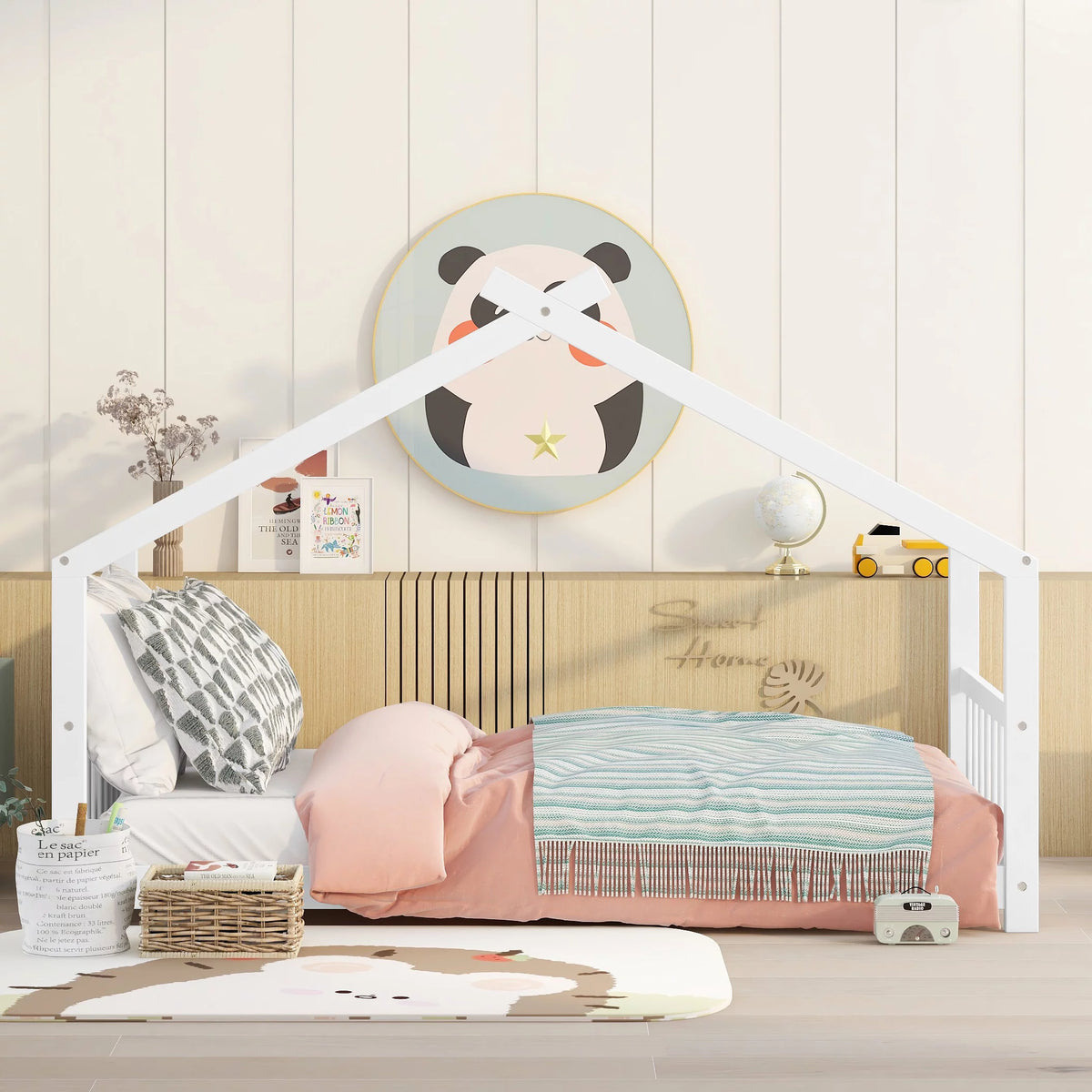 White Twin Size Wood House Bed with Headboard and Footboard D274631