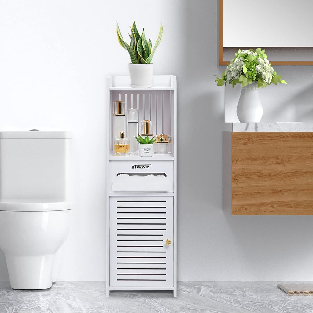 White Free-Standing Bathroom Storage Cabinet with Single Door and 3-Layer Shelves P9804