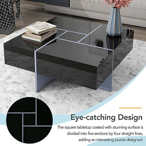 Black Square Coffee Table with 4 Hidden Storage Compartments and Extendable Sliding Tabletop F771