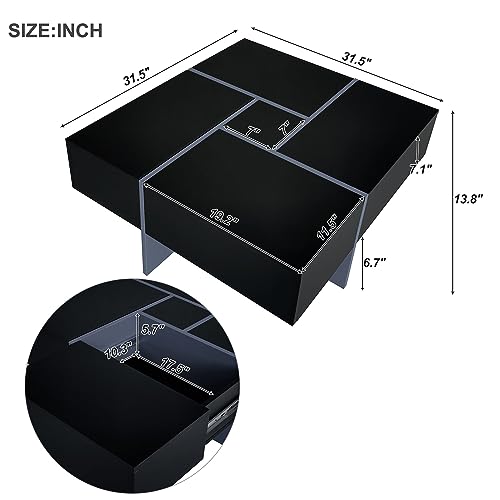 Black Square Coffee Table with 4 Hidden Storage Compartments and Extendable Sliding Tabletop F771