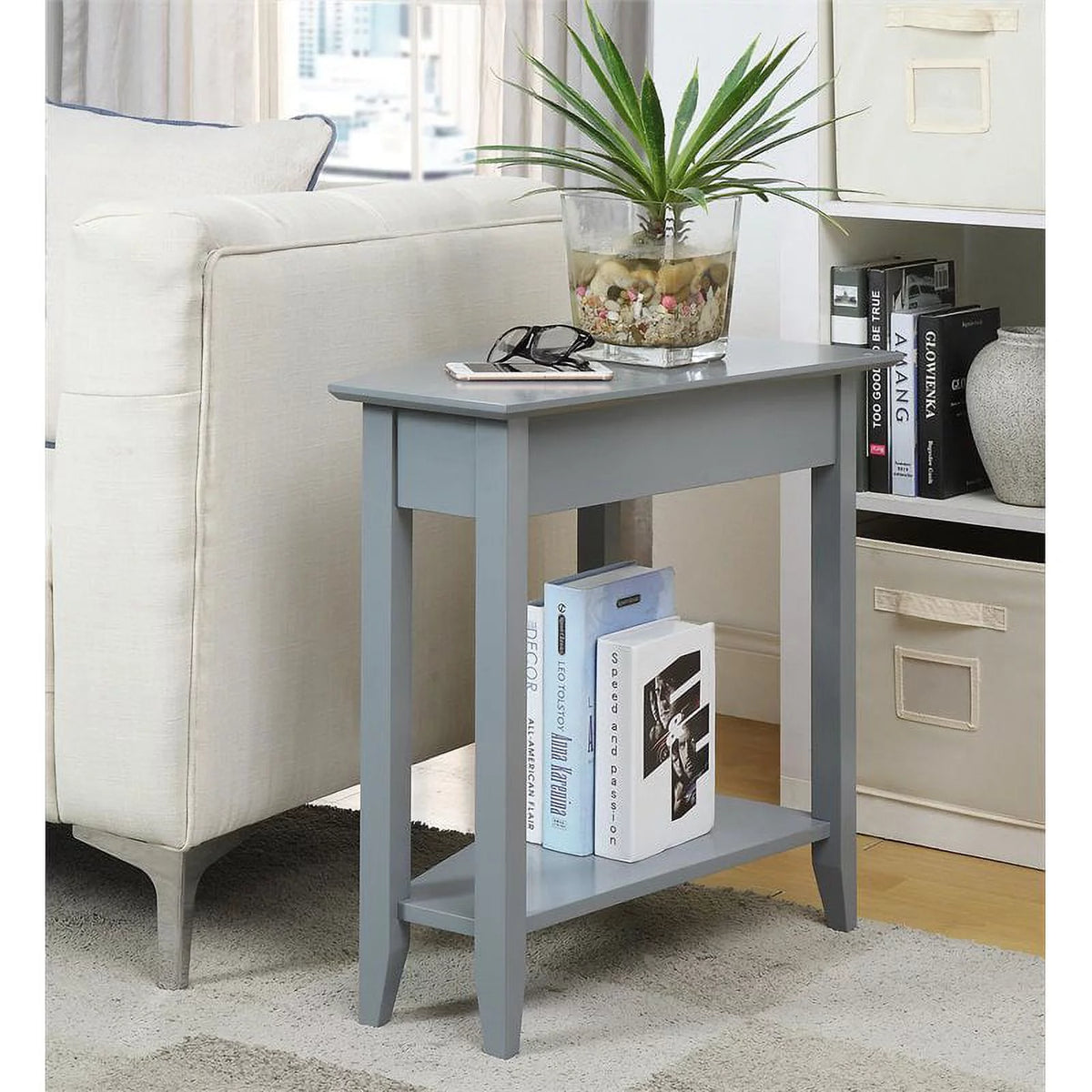 Gray MDF Wood Wedge End Table with Bottom Shelf Y3552