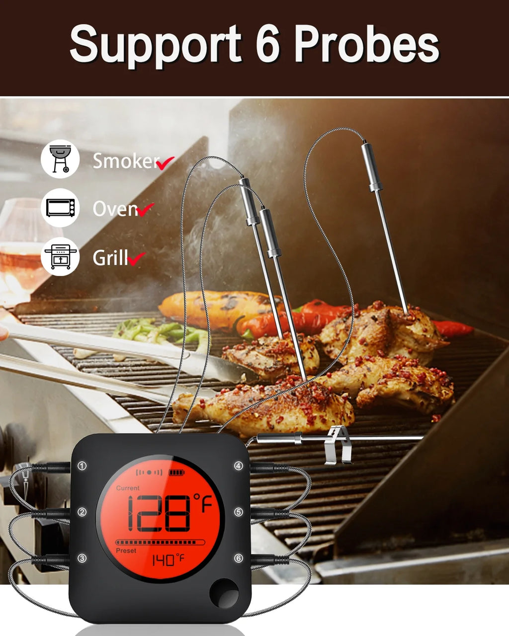 6-Probe Bluetooth Meat Thermometer with LCD Display Y16571