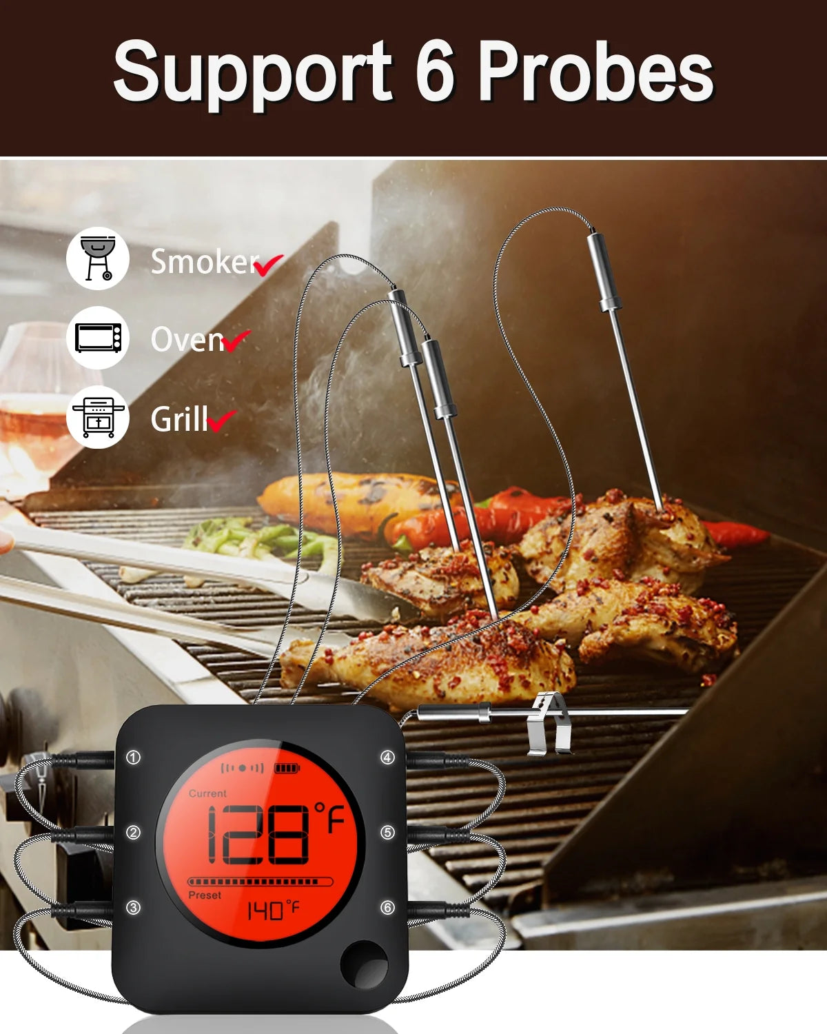 6-Probe Bluetooth Meat Thermometer with LCD Display Y16571