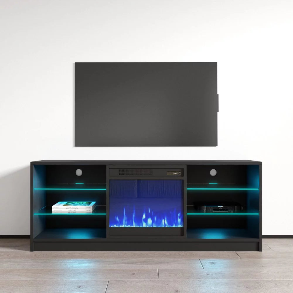 High Gloss Fireplace TV Stand with Storage Cabinets and LED Lights W11031