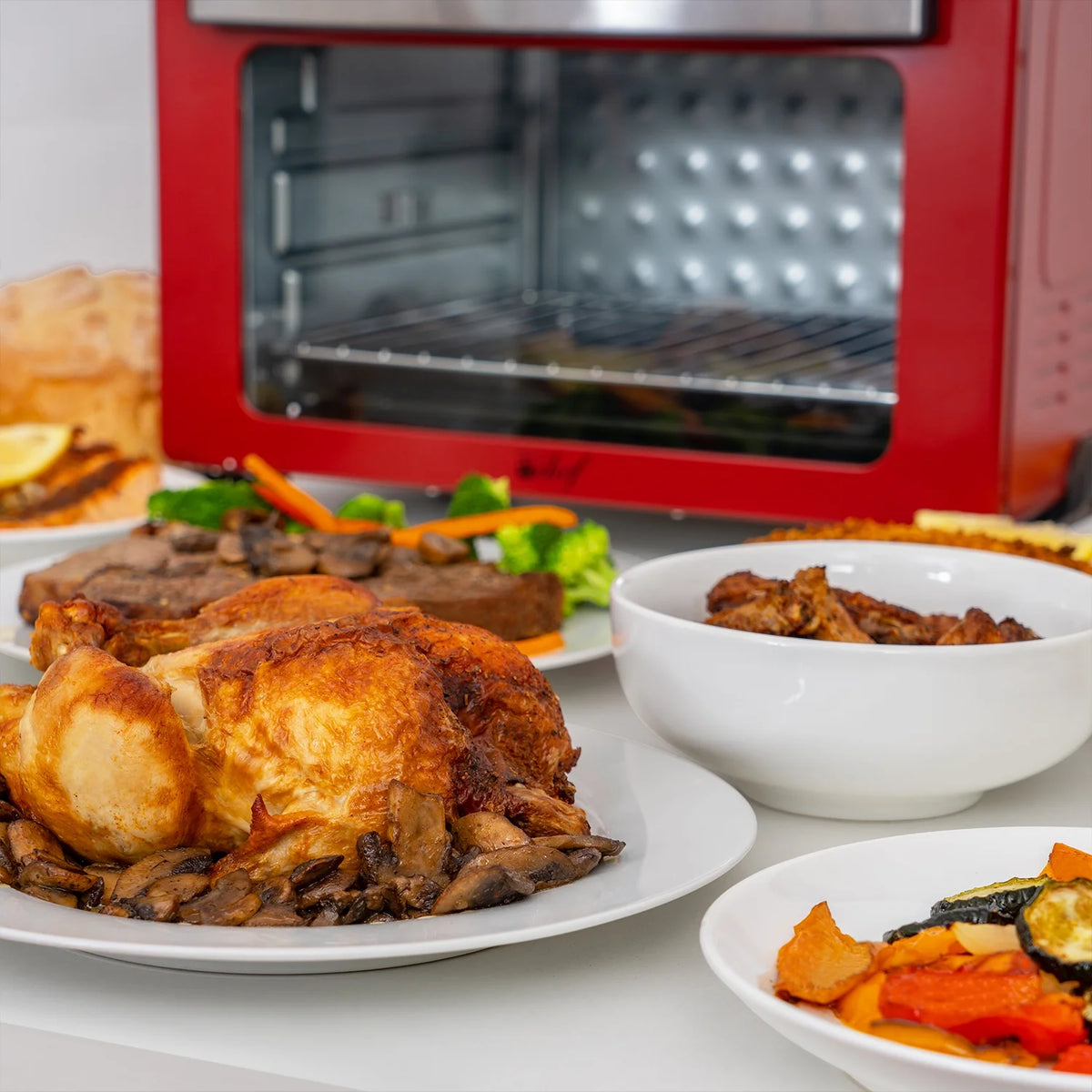 Red Stainless Steel Countertop Toaster Oven with Air Fryer and Rotisserie Assembly I588090