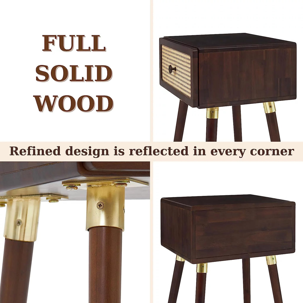 Rattan Solid Wood Nightstand with Storage Drawer G282440