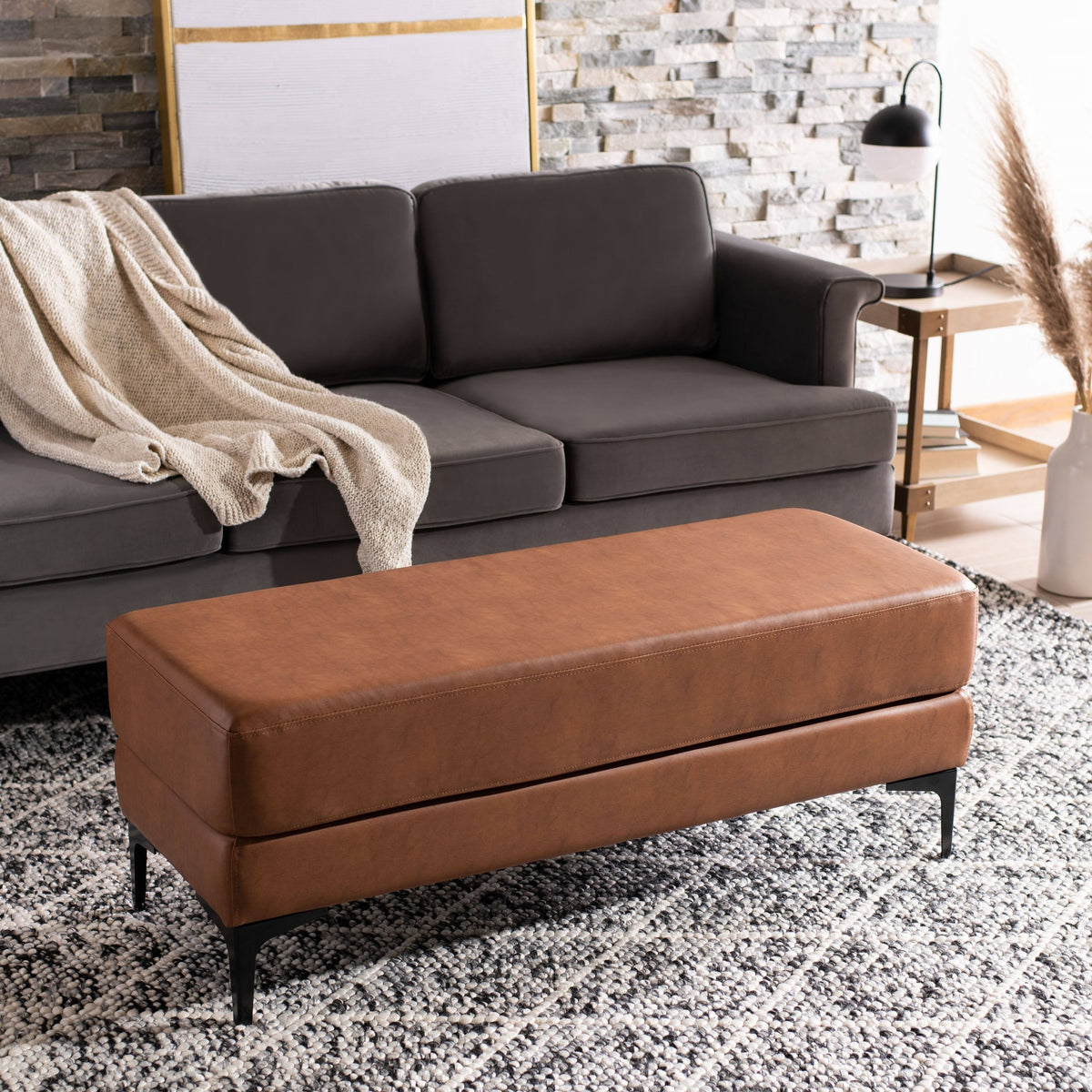 Rectangular Bench Light Grey Linen Black B100031