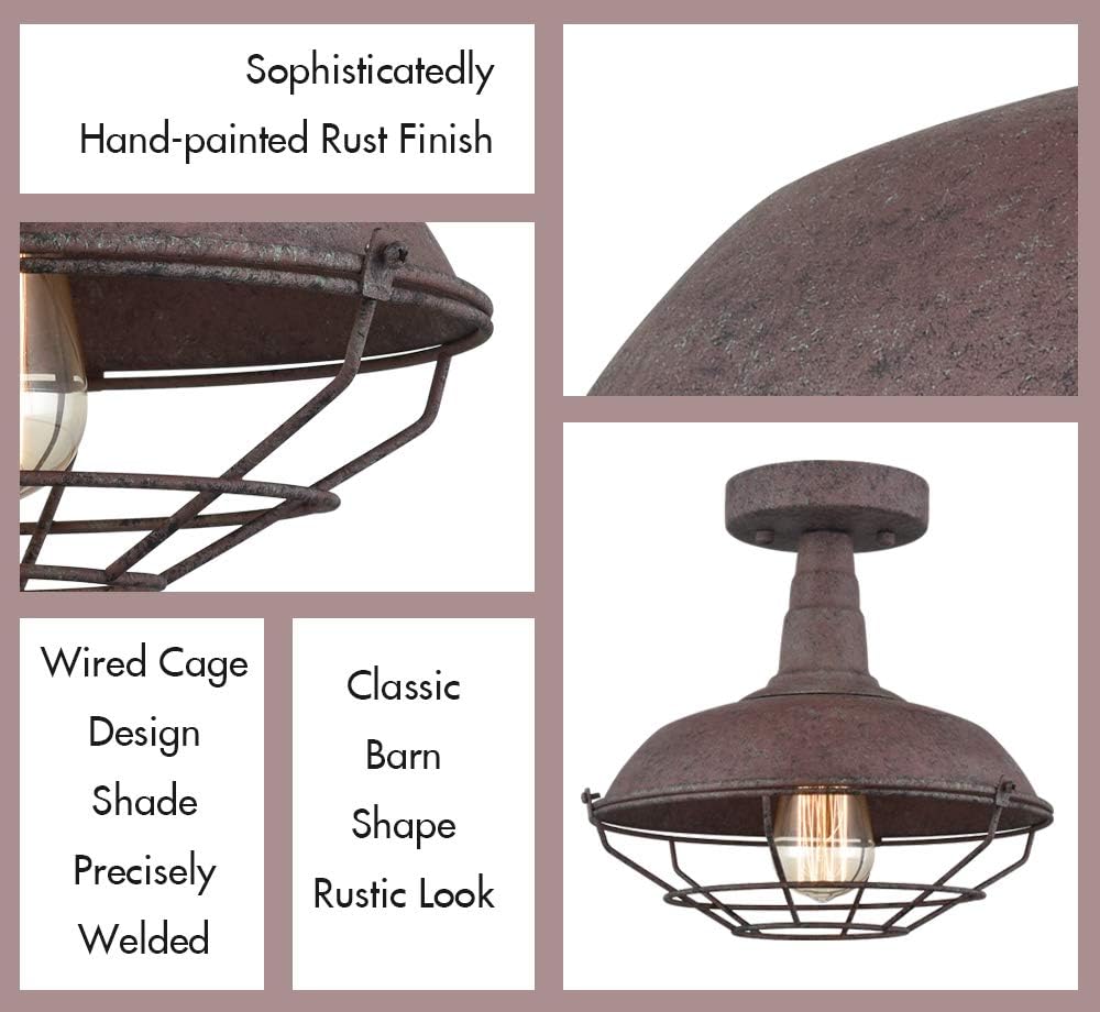 Rustic Semi-Flush Ceiling Light, Metal Wire Cage, 1-Light W964