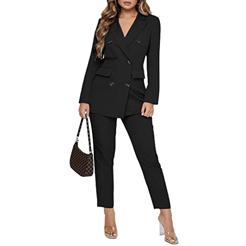 Women Double Breasted Blazer Set 2 Piece Pants Outfits Long Sleeve Suit Set P640