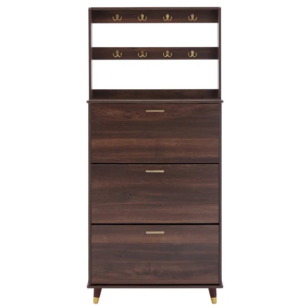 Brown Wardrobe Armoire Closet with 12 Hooks & 3 Shoe Cabinets U97455