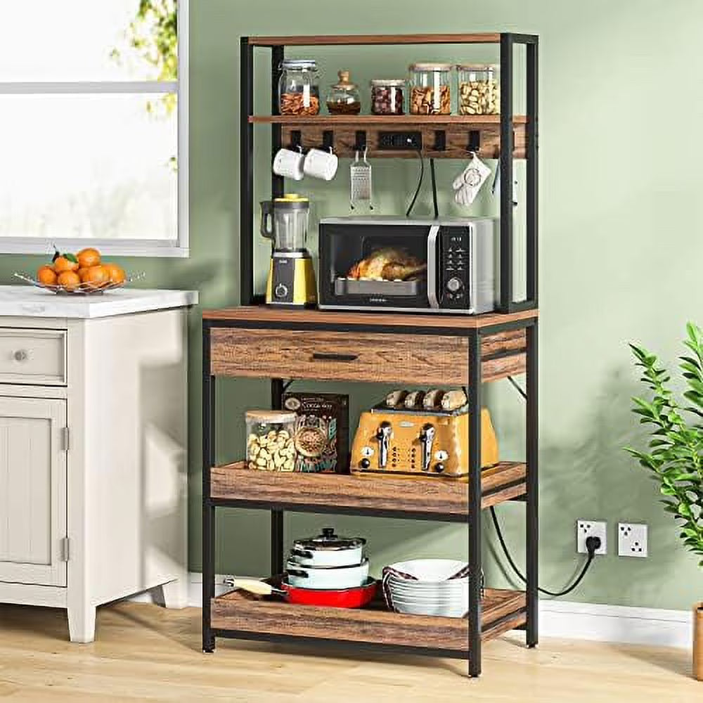 Rustic Brown 5-Tier Kitchen Bakers Rack with Power Outlets E87119