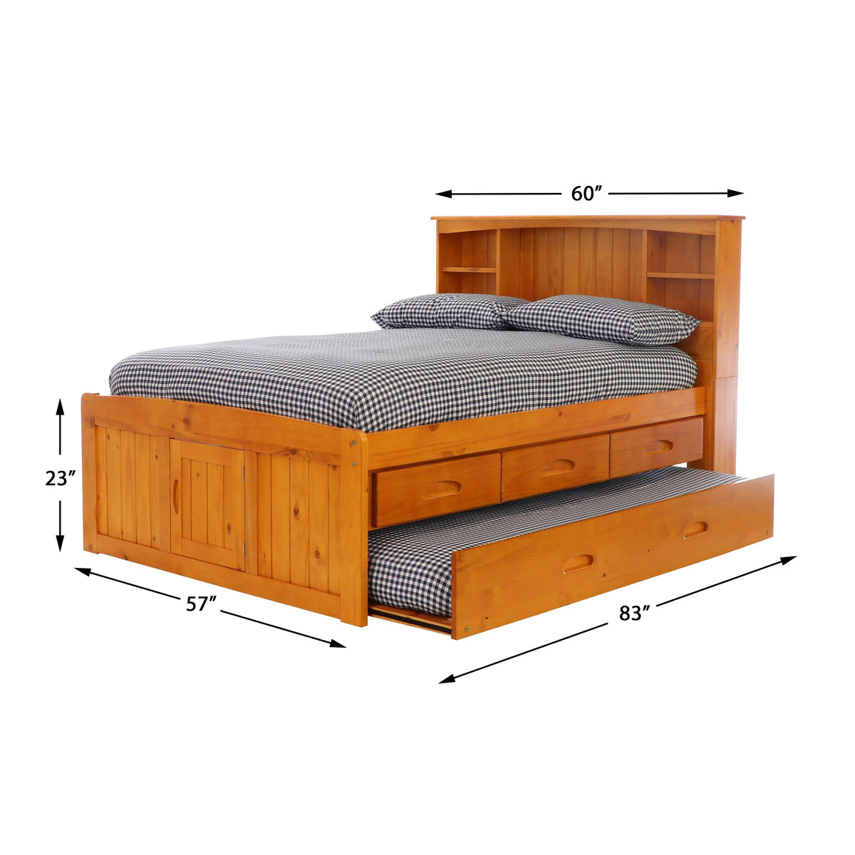 Solid Pine Full Captains Bookcase Bed with 3 Drawers and Twin Sized Trundle in Warm Honey H9637