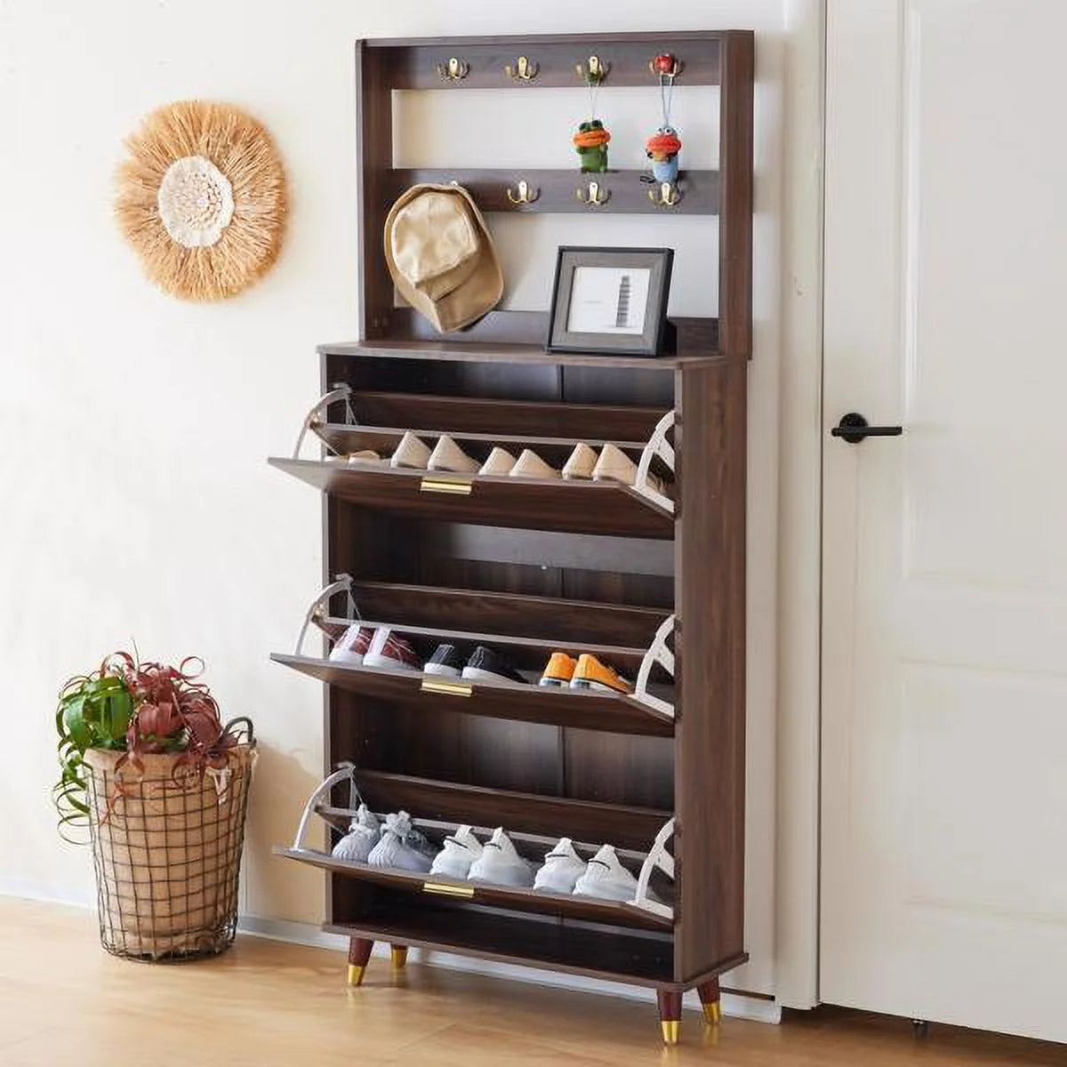 Brown Wardrobe Armoire Closet with 12 Hooks & 3 Shoe Cabinets U97455
