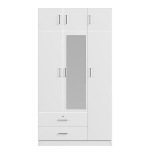 White 3 Doors Wooden Wardrobe with 2 Drawers and Top Cabinet K7051