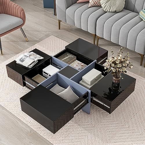 Black Square Coffee Table with 4 Hidden Storage Compartments and Extendable Sliding Tabletop F771