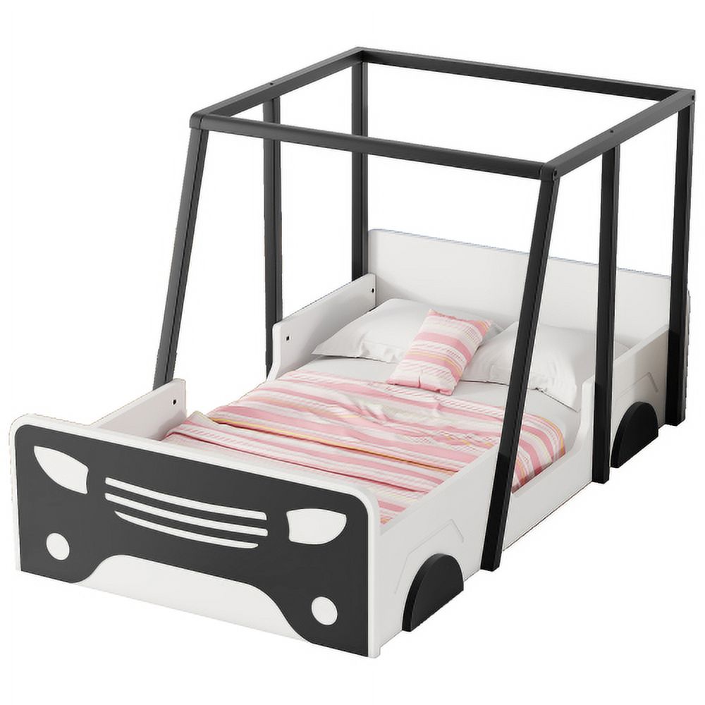 Twin Size Solid Wood Car Bed Frame with Wheels and Door A342481