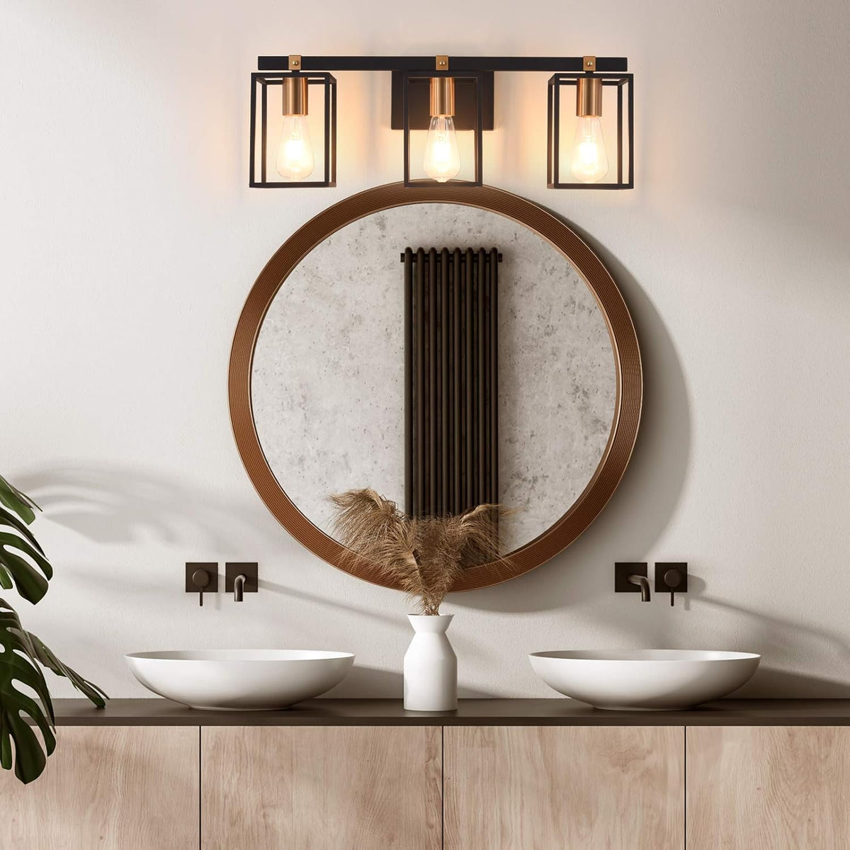 Black and Antique Brass Metal Cage Bathroom Vanity Light V776877