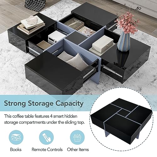 Black Square Coffee Table with 4 Hidden Storage Compartments and Extendable Sliding Tabletop F771