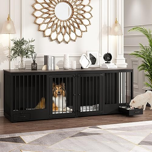 Black Heavy Duty Wooden Dog Crate with Dog Bowl Drawers & Divider O46596