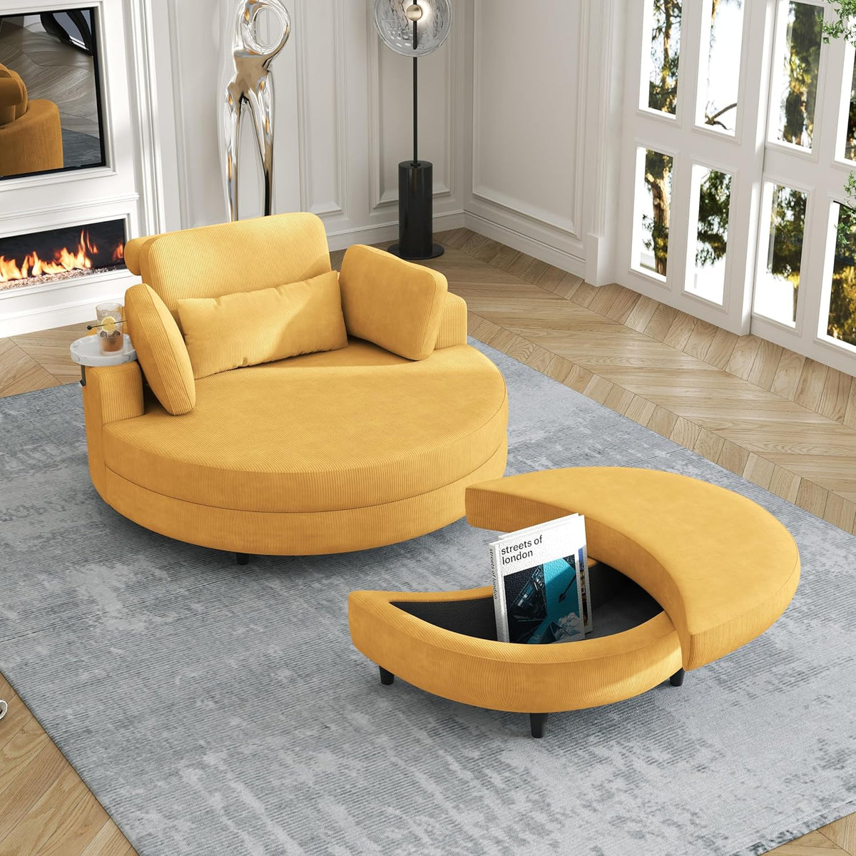Oversized Corduroy Barrel Armchair with Adjustable Headrest, 4 Pillows, Storage Ottoman & Removable Tray G419