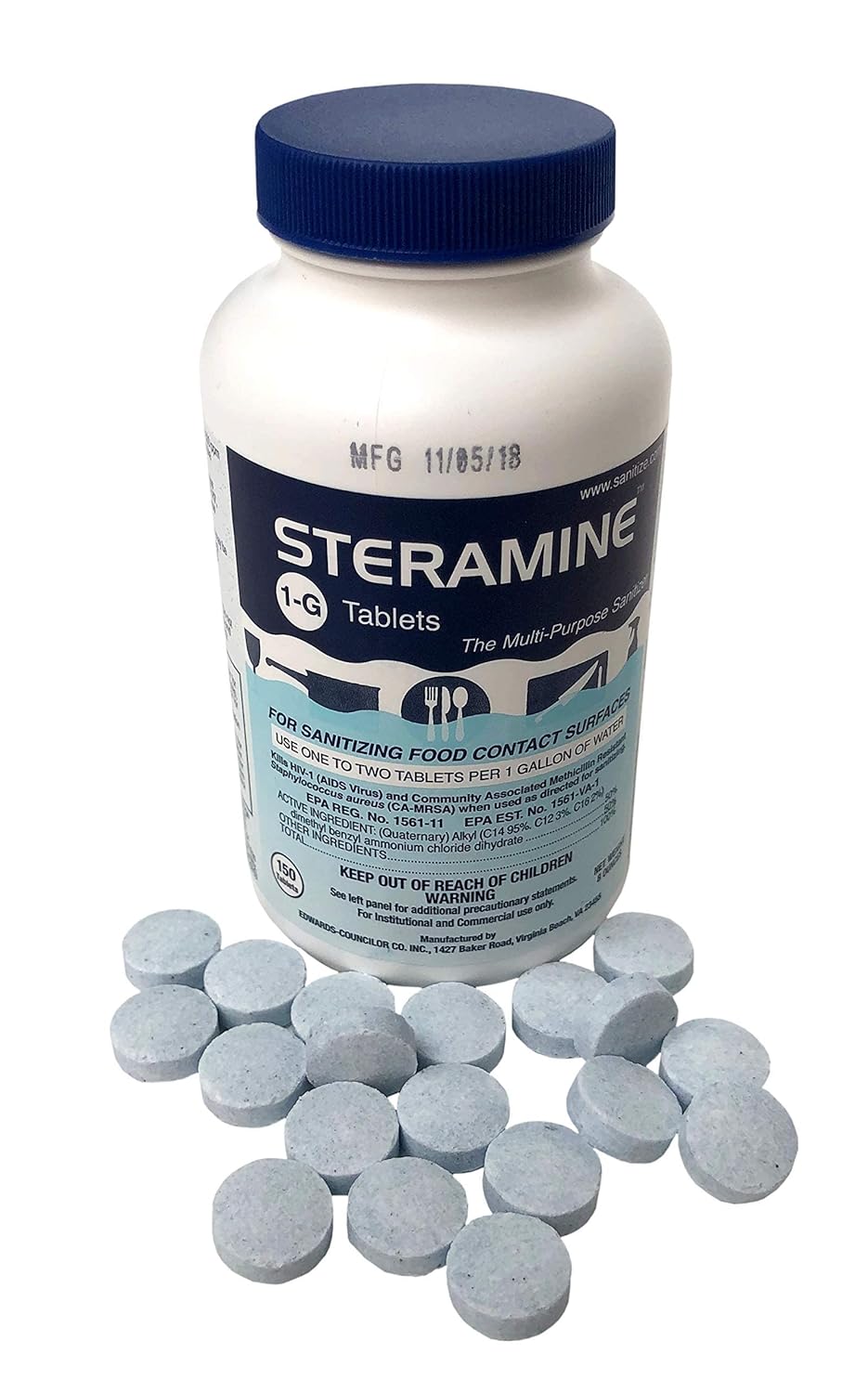 150 Sanitizer Tablets per Bottle, Blue, Pack of 1 Bottle H4168