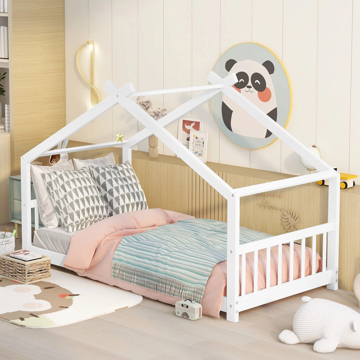White Twin Size Wood House Bed with Headboard and Footboard D274631