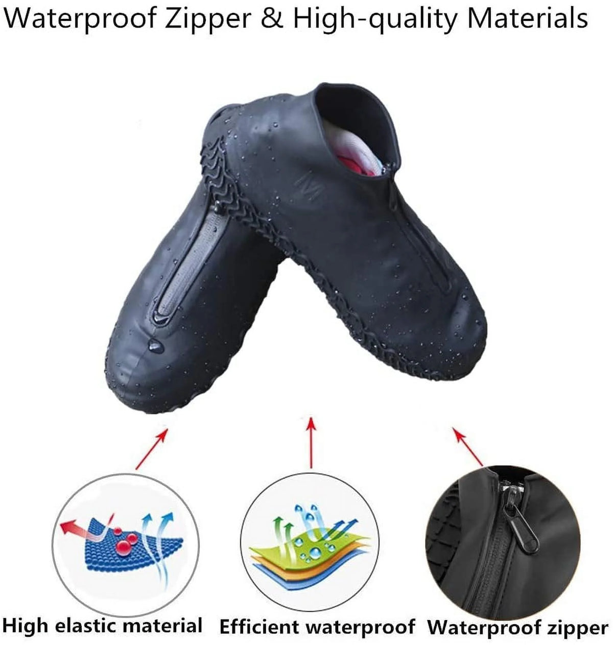 Black M Waterproof Reusable Rain Shoe Covers with Zipper D56511