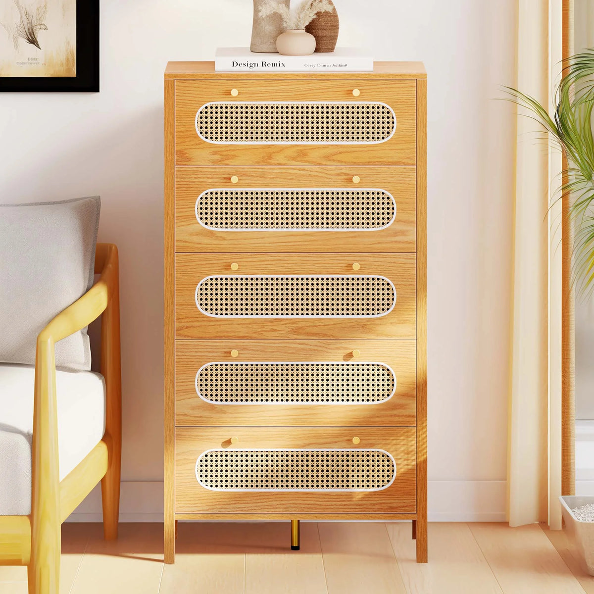 5 Drawer Rattan Wood Dresser Y43527