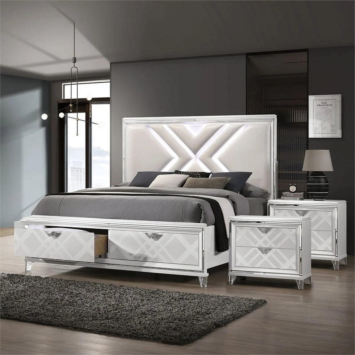 White 3-Piece Solid Wood Bedroom Set King 2 Nightstands L758